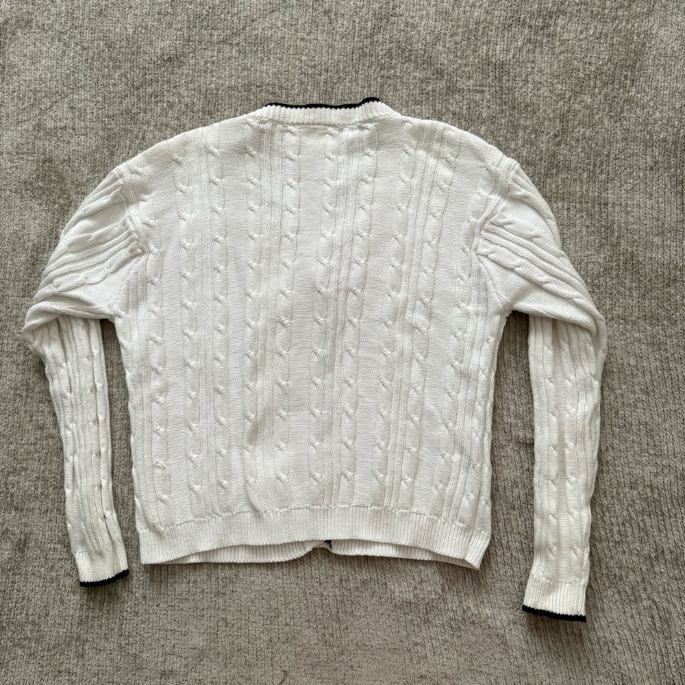 Northern Reflections White Cable Knit Cardigan Navy Trim Medium - Picture 7 of 8